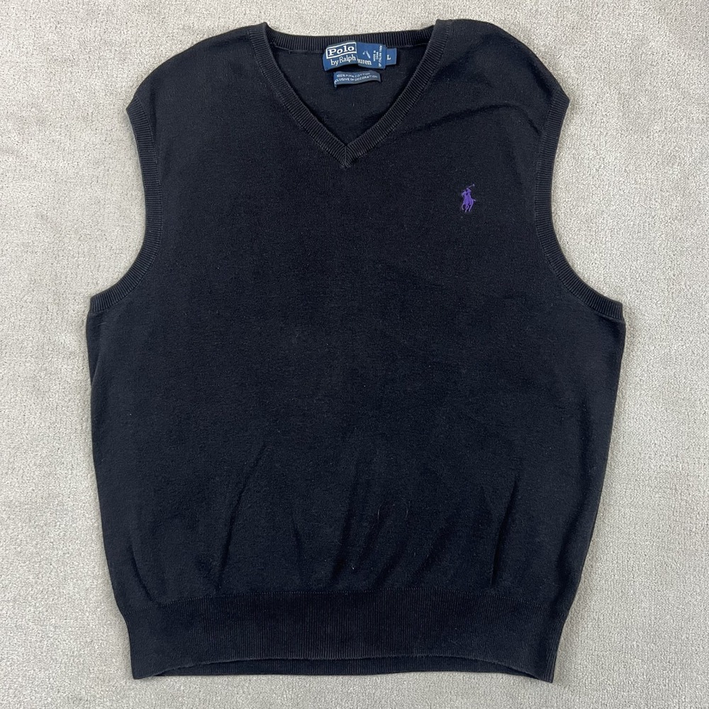 Polo Ralph Lauren Sweater Vest Mens Large Black Pima Cotton V-Neck Purple Pony